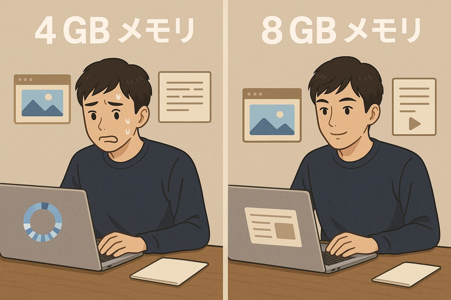 大学生パソコンの4GBと8GBメモリ比較イメージ