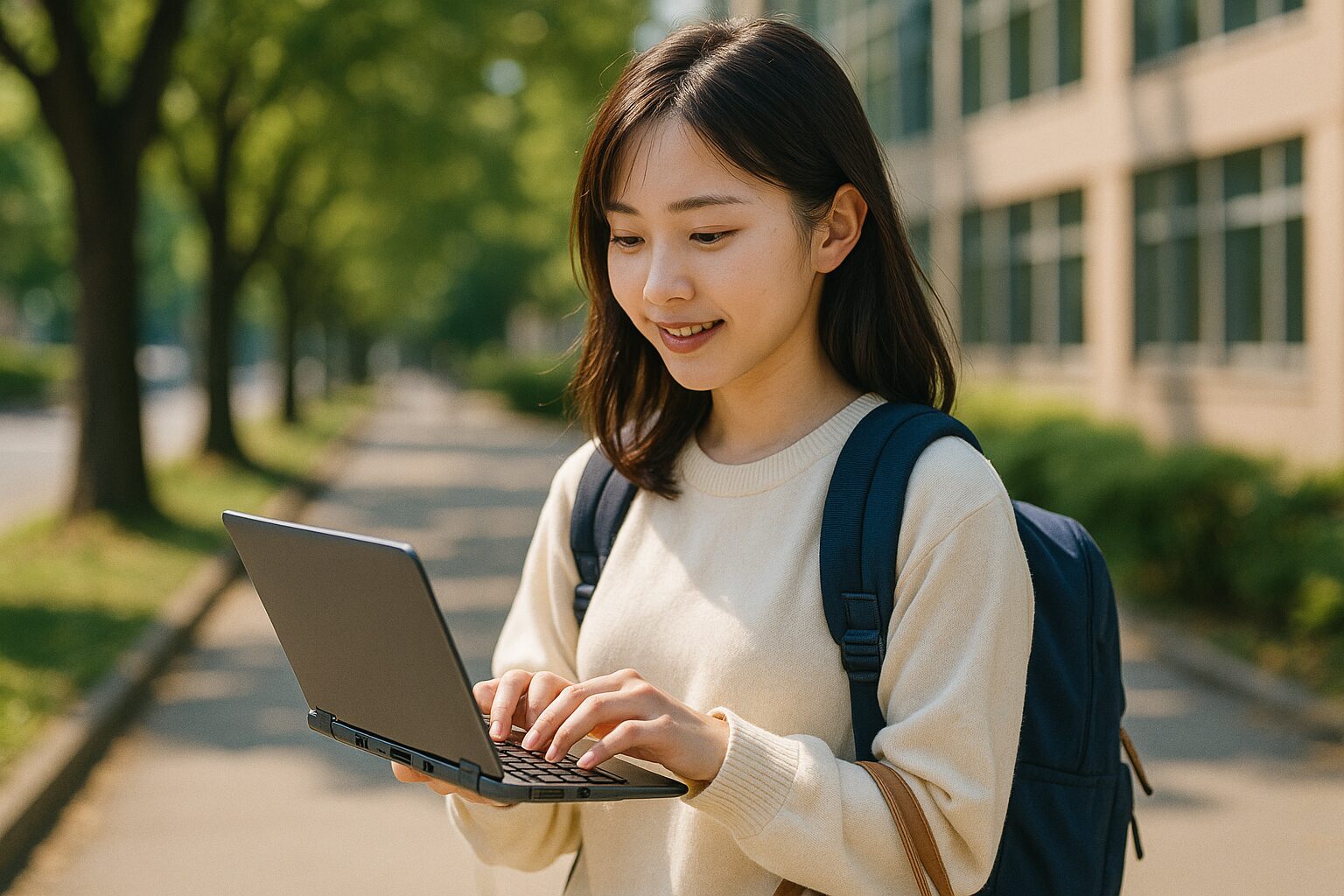 通学中にミニノートパソコンを使う大学生