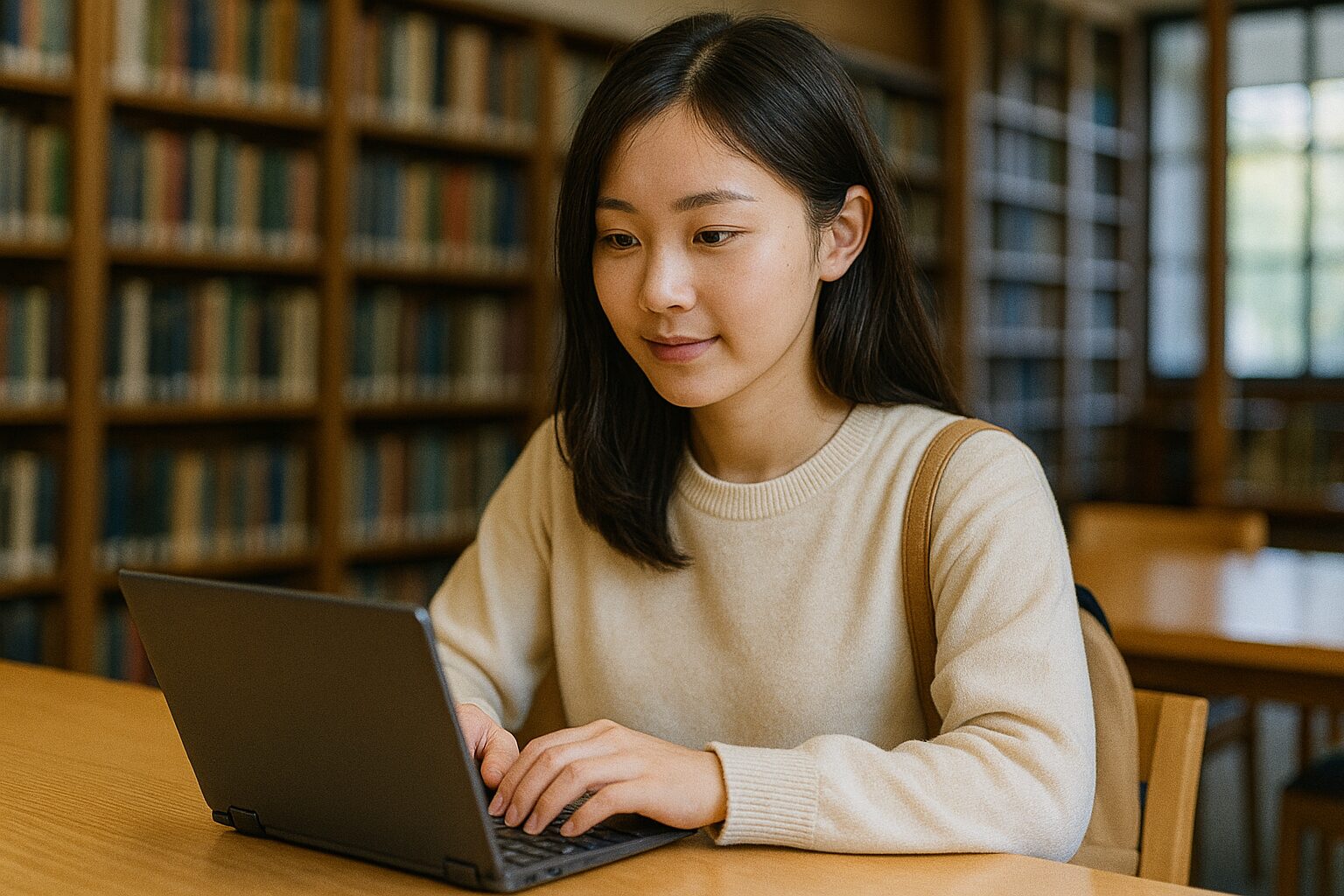 図書館でミニノートパソコンを使う大学生