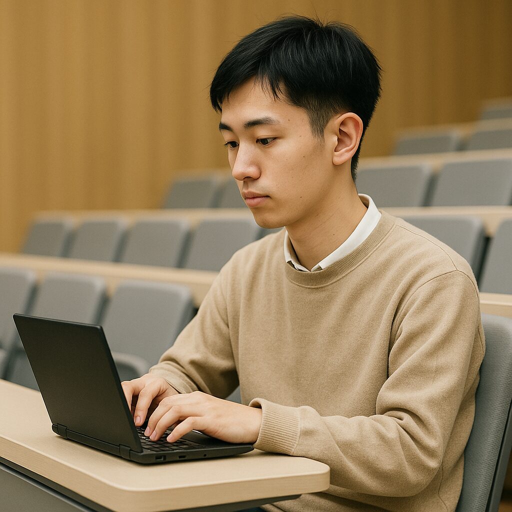 講義室でミニノートパソコンを使う大学生