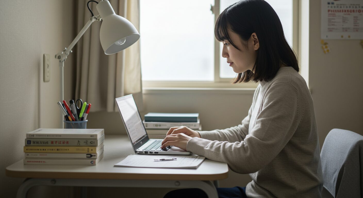初心者大学生がミニノートパソコンを使用している様子