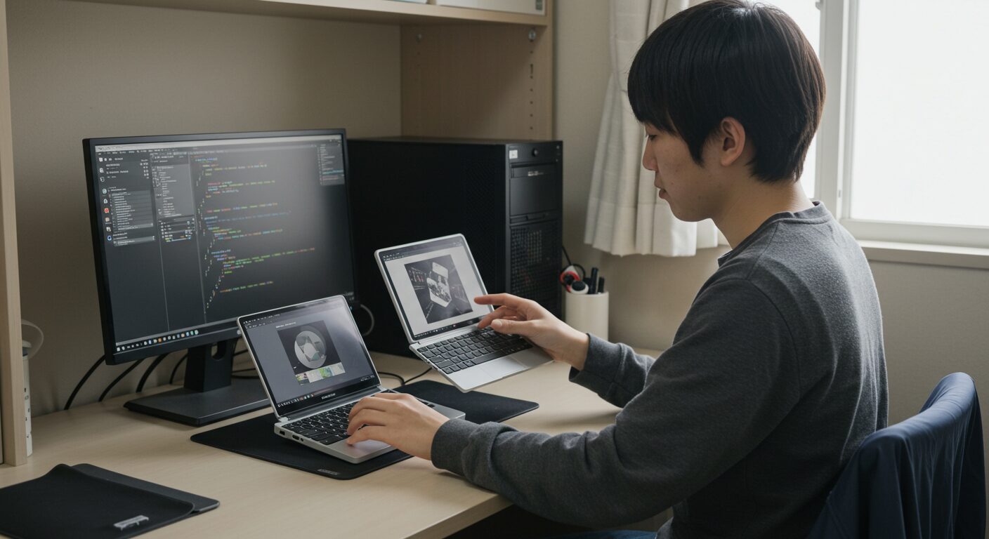 メインPCとミニノートパソコンを使い分ける大学生