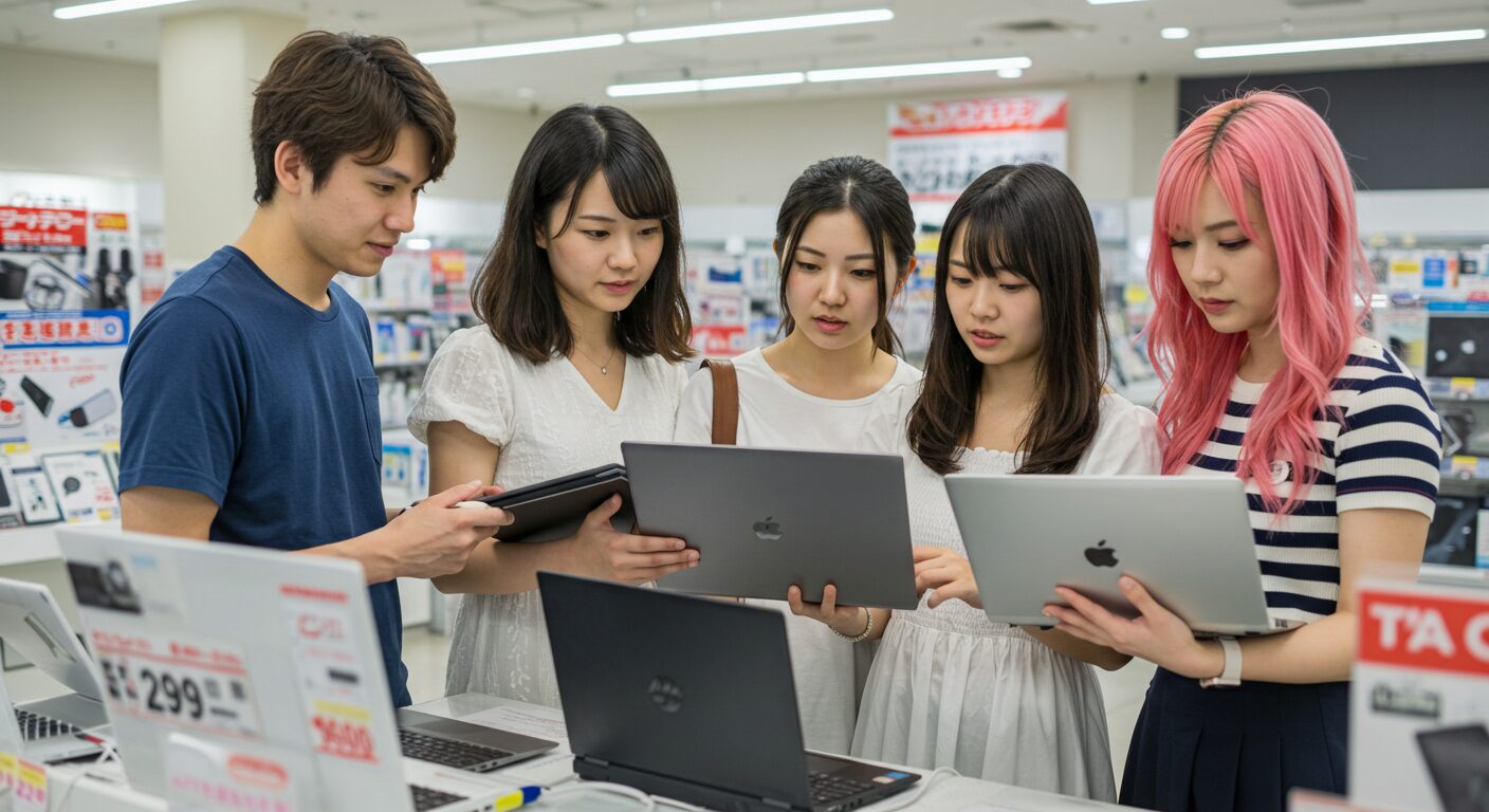 予算を気にしながらパソコンを選ぶ大学生