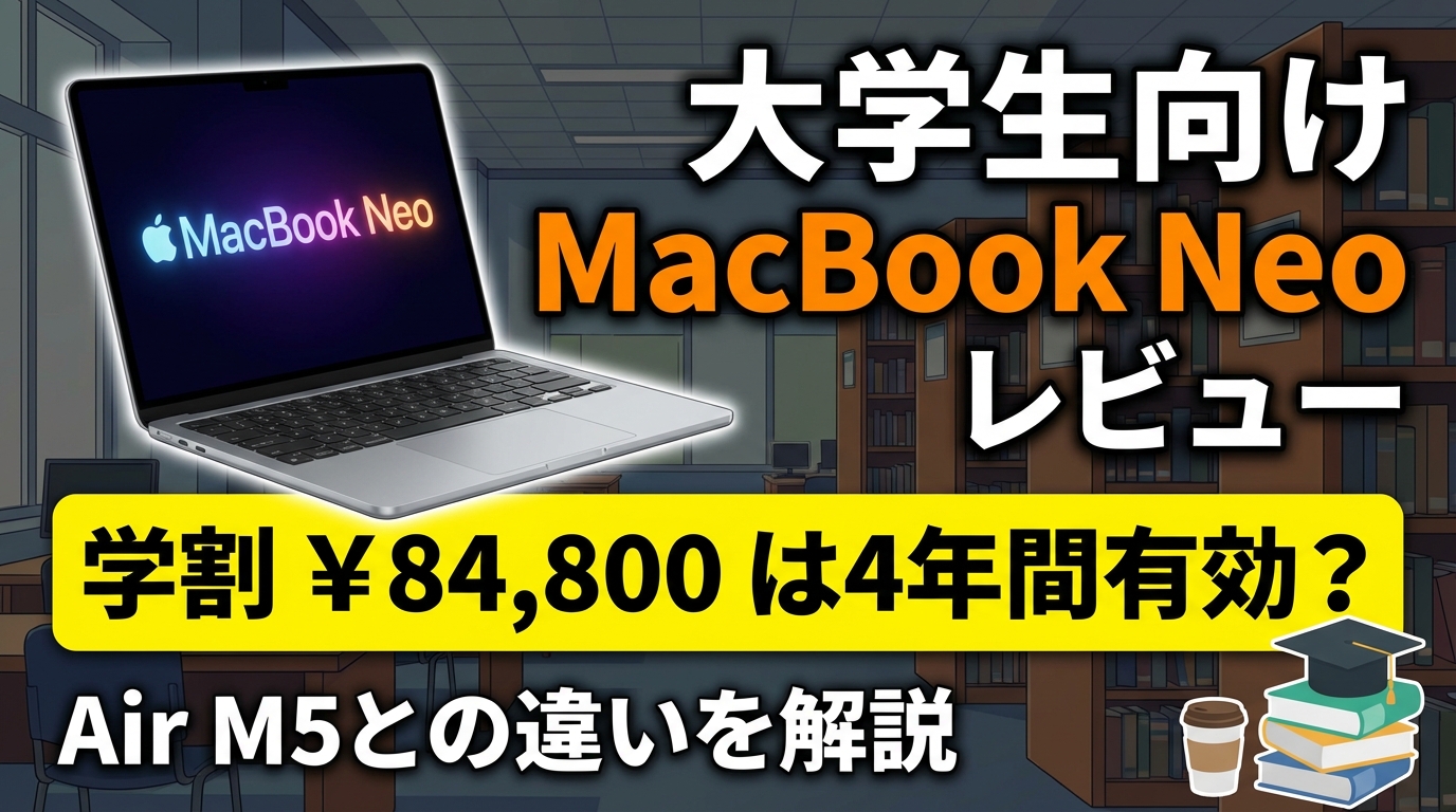 MacBook Neo大学生レビュー｜学割84,800円は4年間使える？Air M5との 